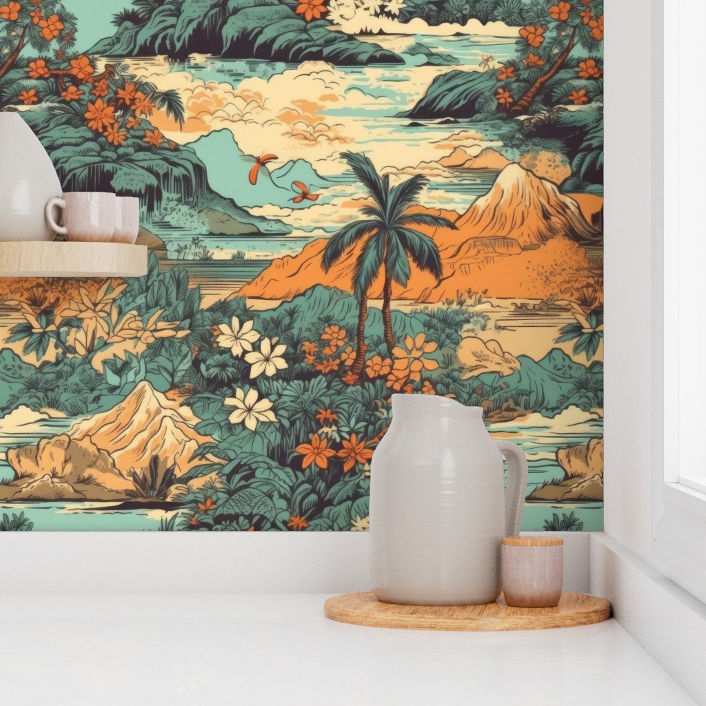 Vintage Hawaiian Landscape Teal Interior Collection Home Styling Collection hawaiian landscape wallpaper