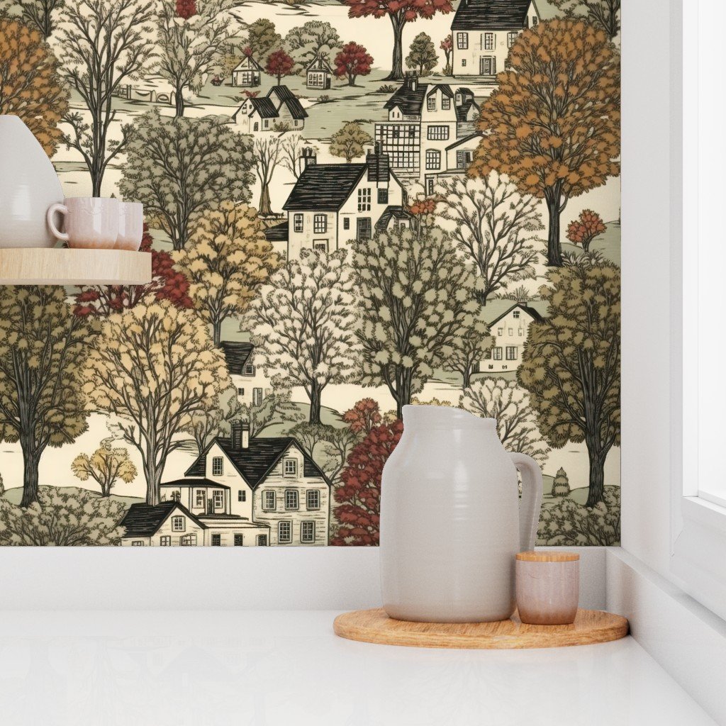 New England Village Houses with Trees in Muted Colors Home Styling Collection Decor Collection village print wallpaper