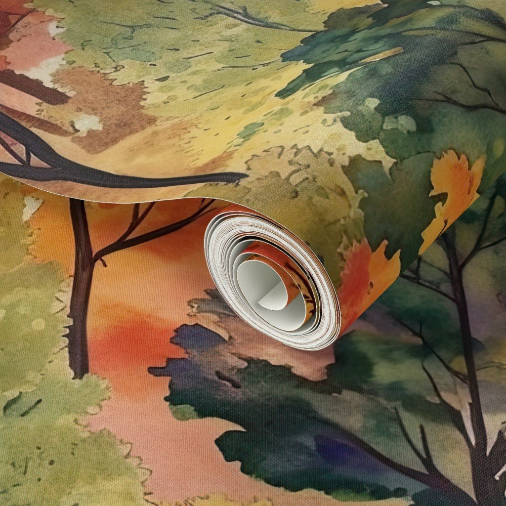 Watercolor of New England Endless Forest Fall Trees Home Styling Collection Interior Collection autumn garden wallpaper