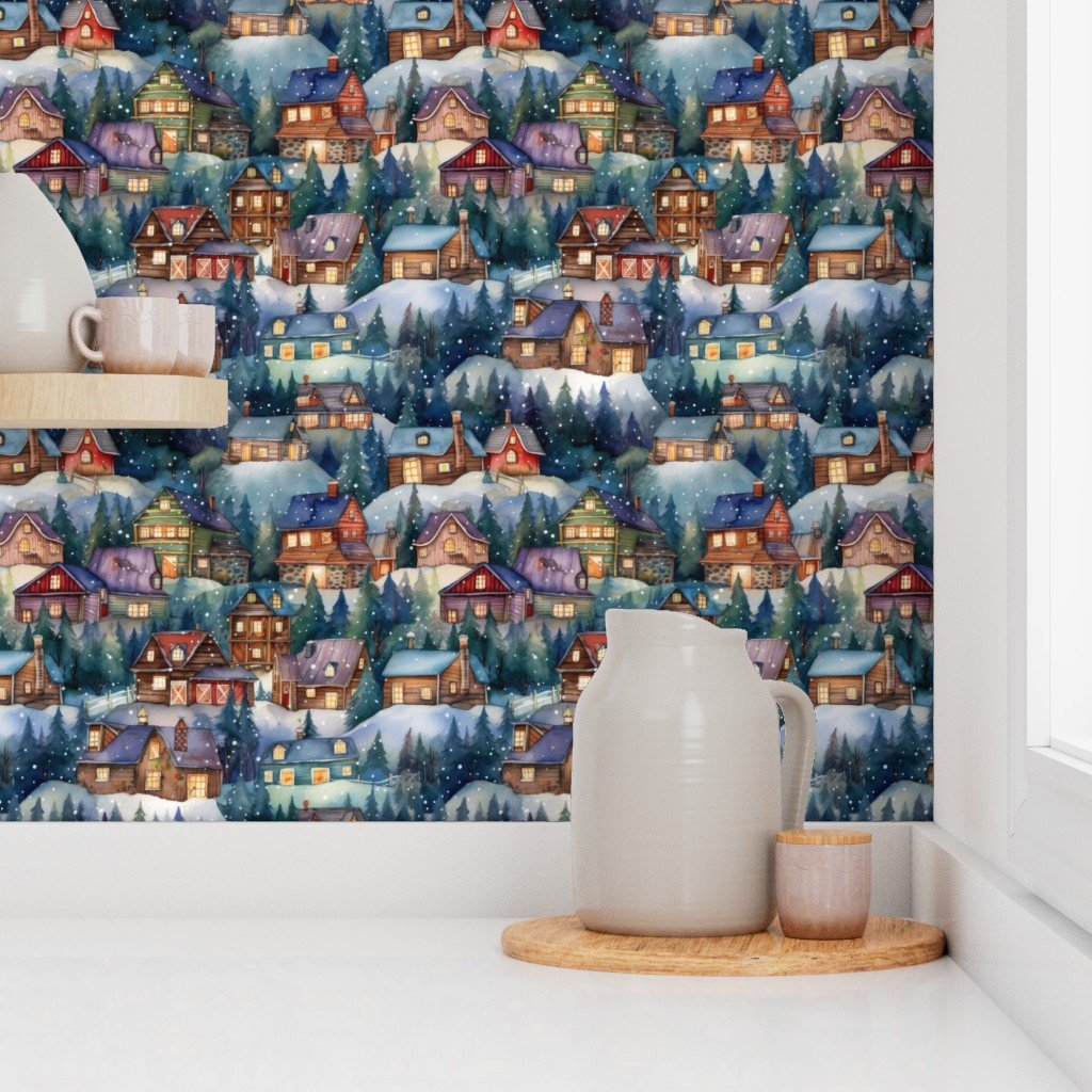 Small Christmas Rustic Country Winter Cabins Watercolor Home Decor Collection Decor Collection snowy christmas wallpaper