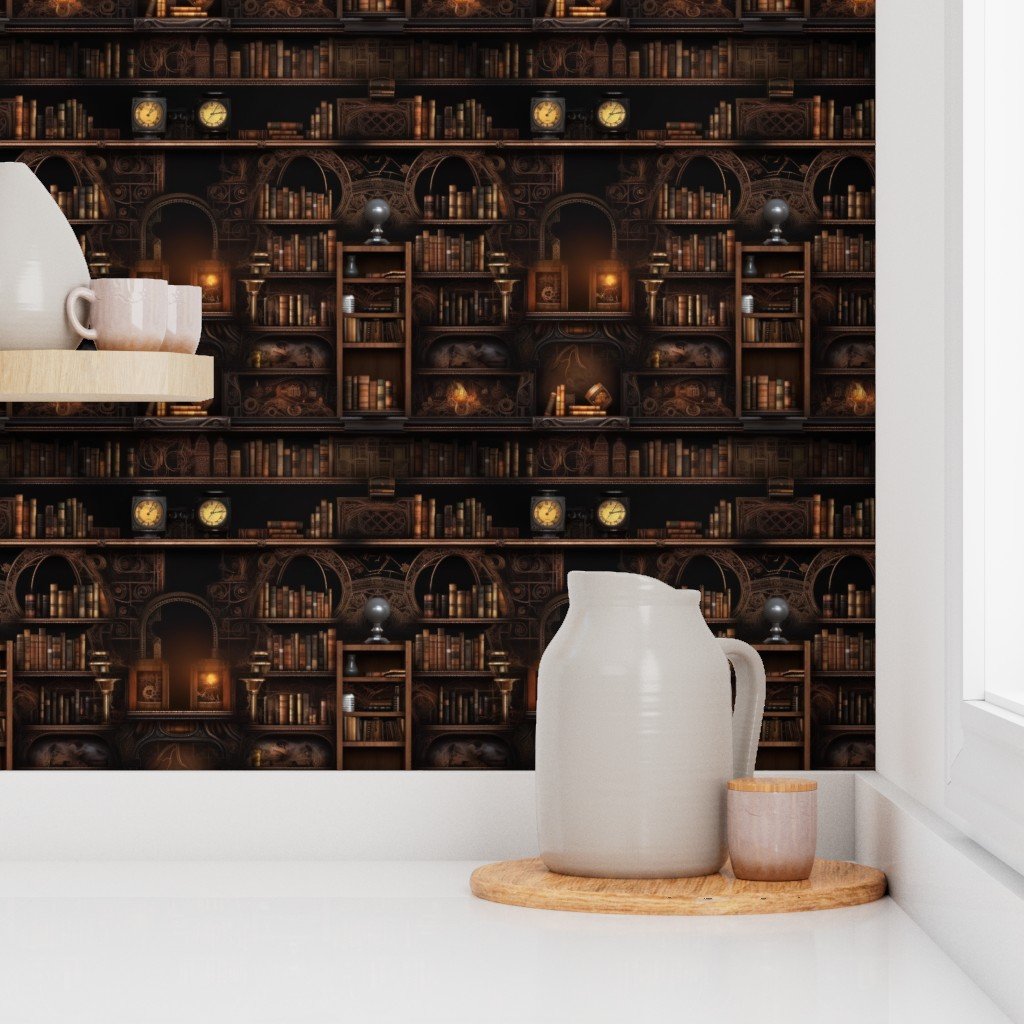 Spooky Photo realisticSmall Dark Academia Stampunk Bookshelves in Muted Design Collection Design Collection steampunk halloween wallpaper