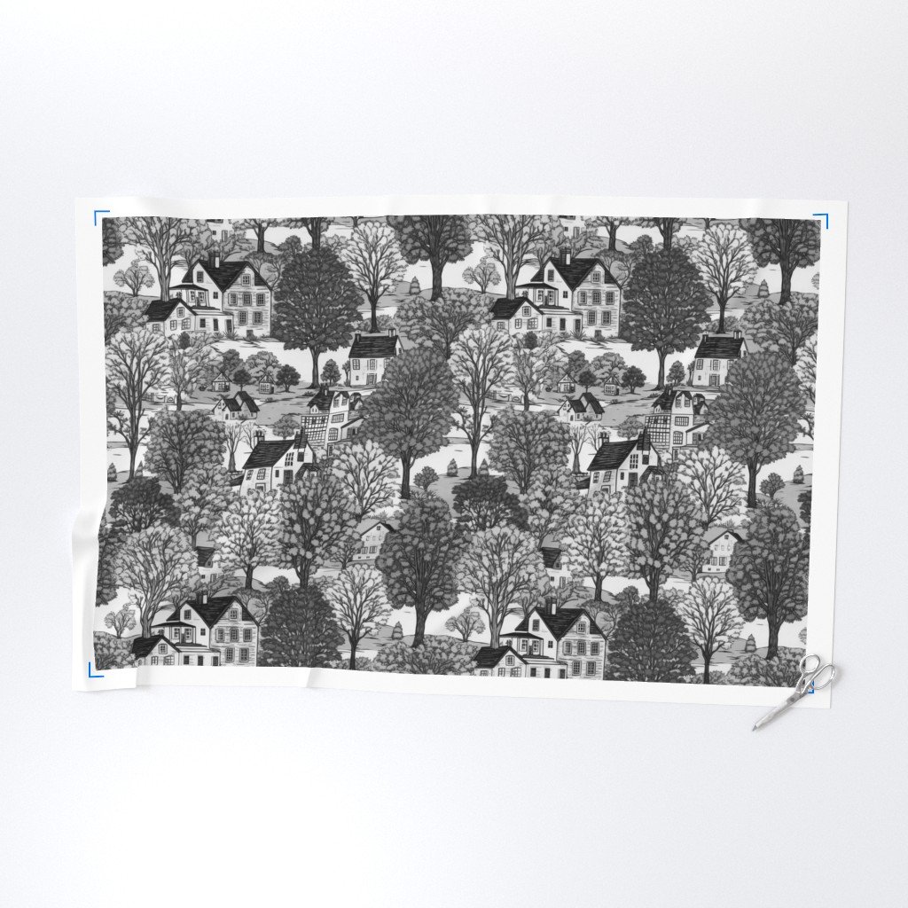 New England Village Houses with Trees Grey Porcelain Glaze Fabric new england village fabric