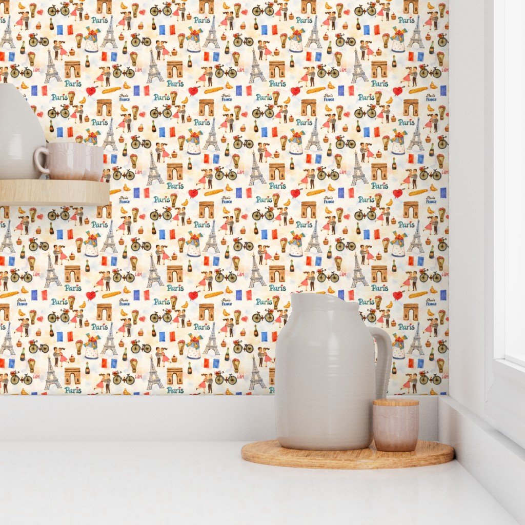 Adorable Whimsical Watercolor Paris Motifs with Eiffel Tower Interior Collection Home Decor Collection europe wallpaper