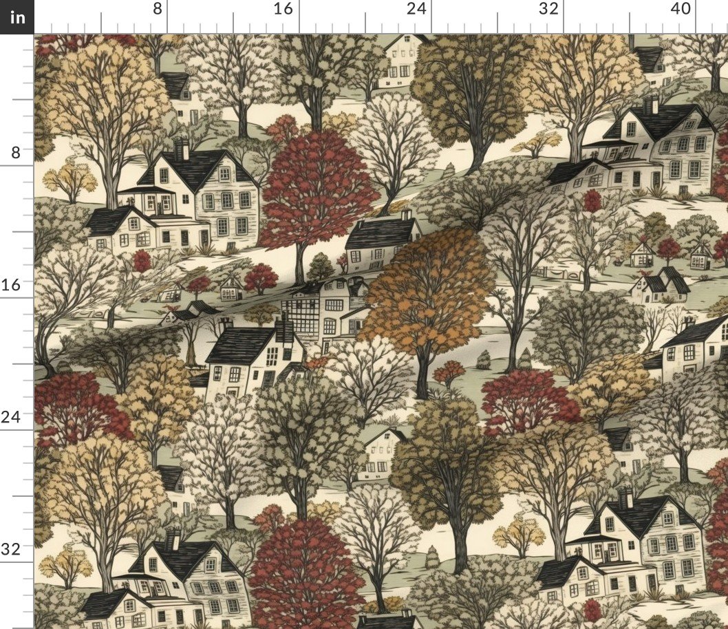 New England Village Houses with Trees in Muted Colors Home Styling Collection Decor Collection new england garden fabric