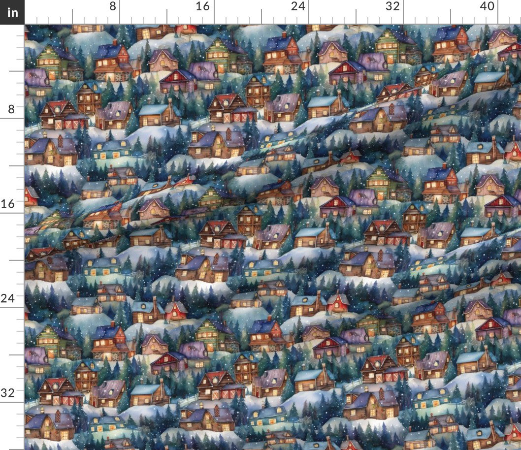 Small Christmas Rustic Country Winter Cabins Watercolor Home Decor Collection Decor Collection christmas scene fabric