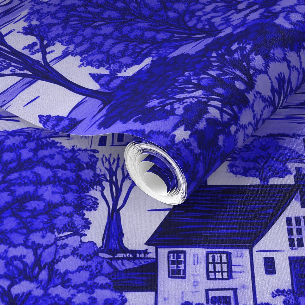 New England Village Houses with Trees in Royal Blue Porcelain Glaze Wallpaper village scene wallpaper