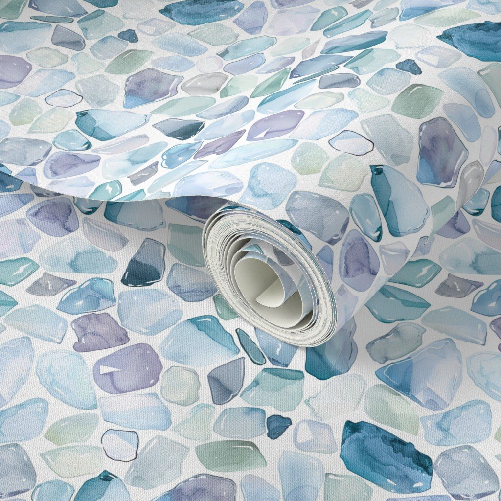 Small Blue and Lilac Shards of Tumbled and Scattered Watercolor Seaglass Decor Collection Home Styling Collection organic shapes wallpaper