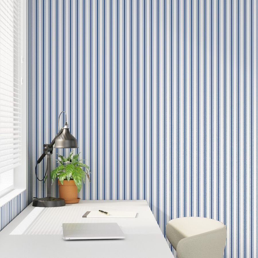 Mattress Ticking Wide Striped Pattern in Dark Blue and White Home Decor Collection Home Decor Collection blue ticking wallpaper