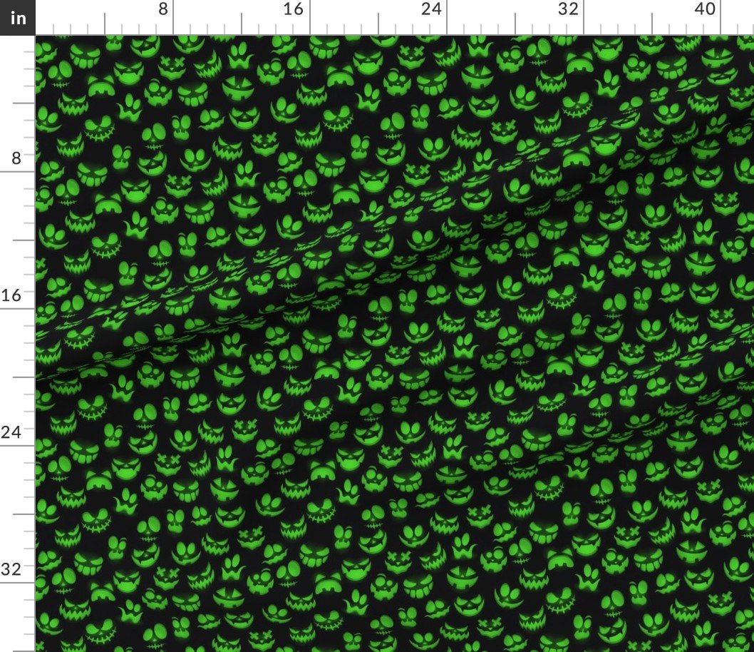 Mini Grinning Halloween Jack o Lantern Faces in Neon Green on Black Design Collection Interior Collection green faces fabric