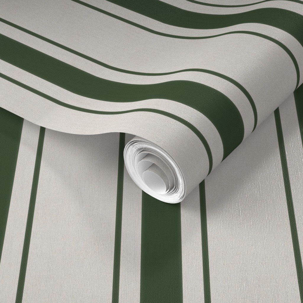 Forest Green Antique Vintage Mattress Ticking Stripe on Cream Wallpaper faux linen wallpaper