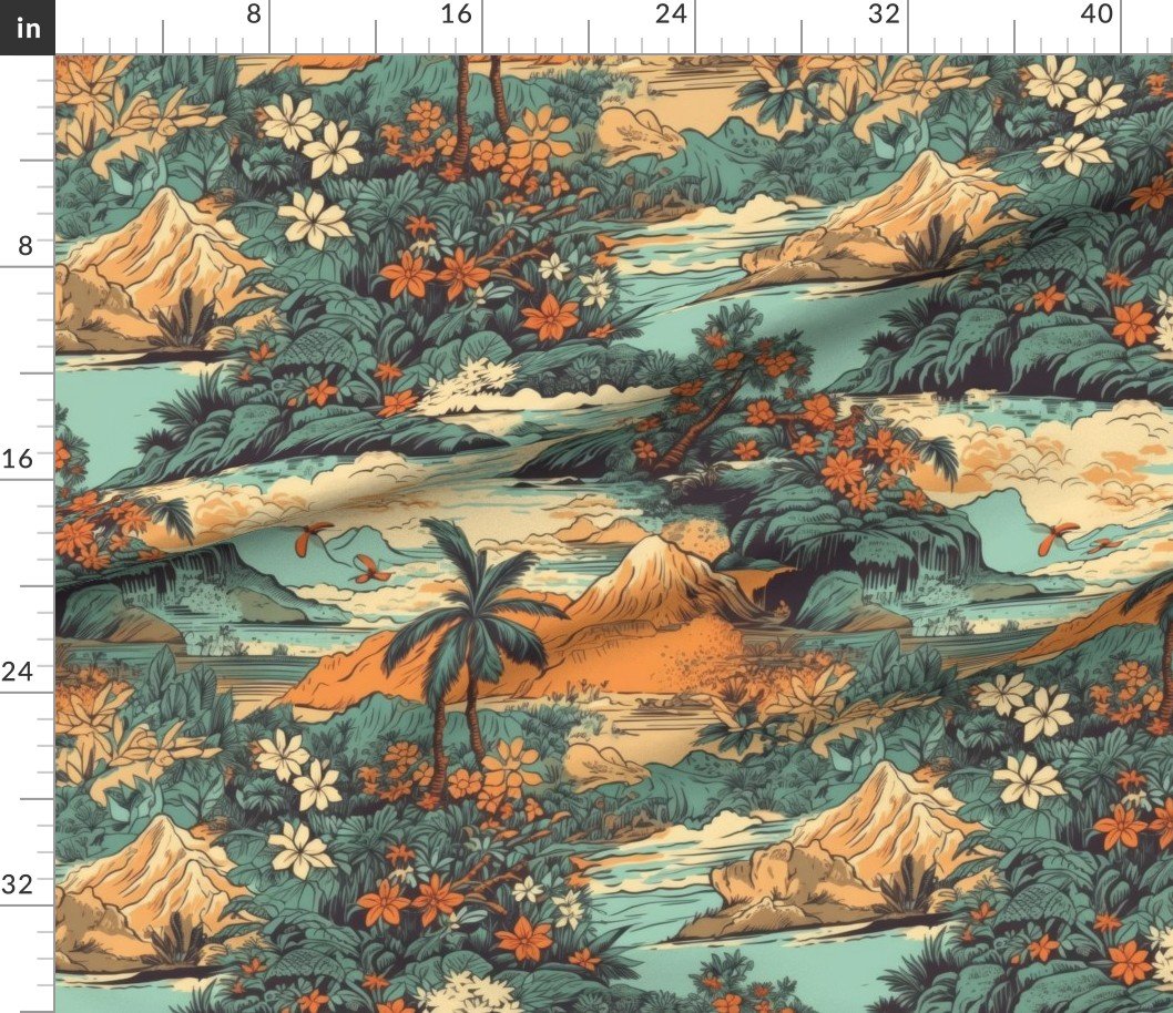 Vintage Hawaiian Landscape Teal Interior Collection Home Styling Collection teal landscape fabric