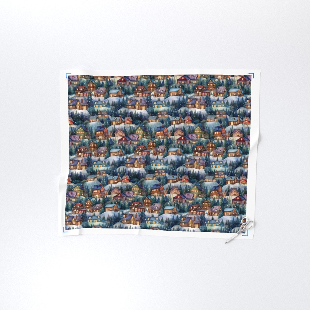 Small Christmas Rustic Country Winter Cabins Watercolor Home Decor Collection Decor Collection christmas village fabric