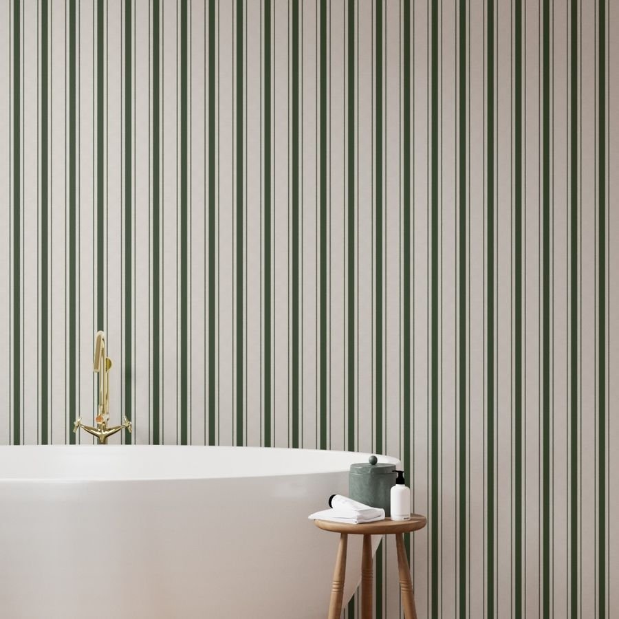 Forest Green Antique Vintage Mattress Ticking Stripe on Cream Wallpaper green stripes wallpaper