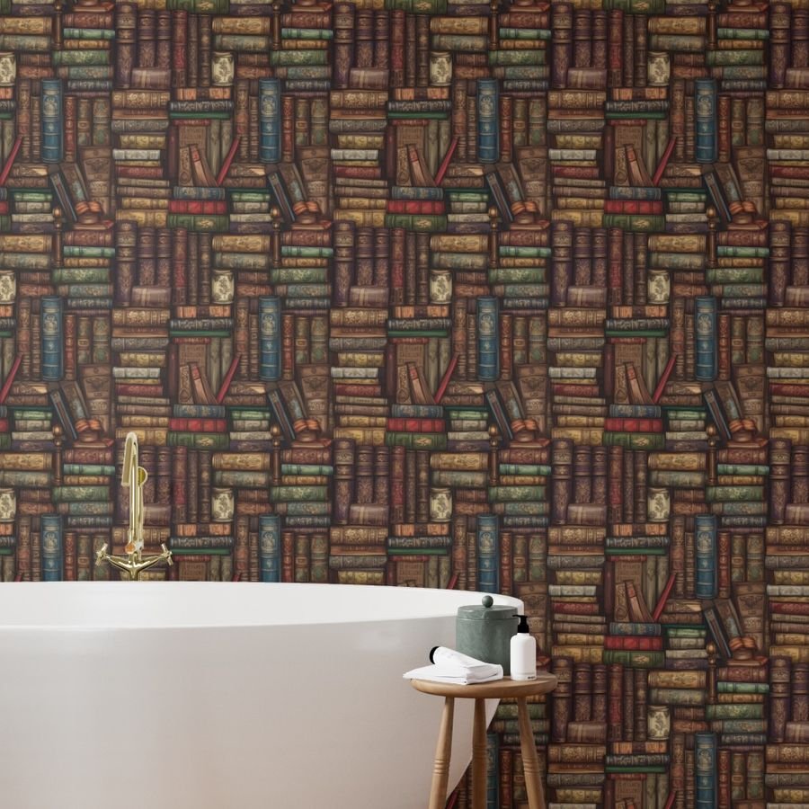 Stacked Bound Vintage Books on Library Book Shelf Wallpaper wall of books wallpaper