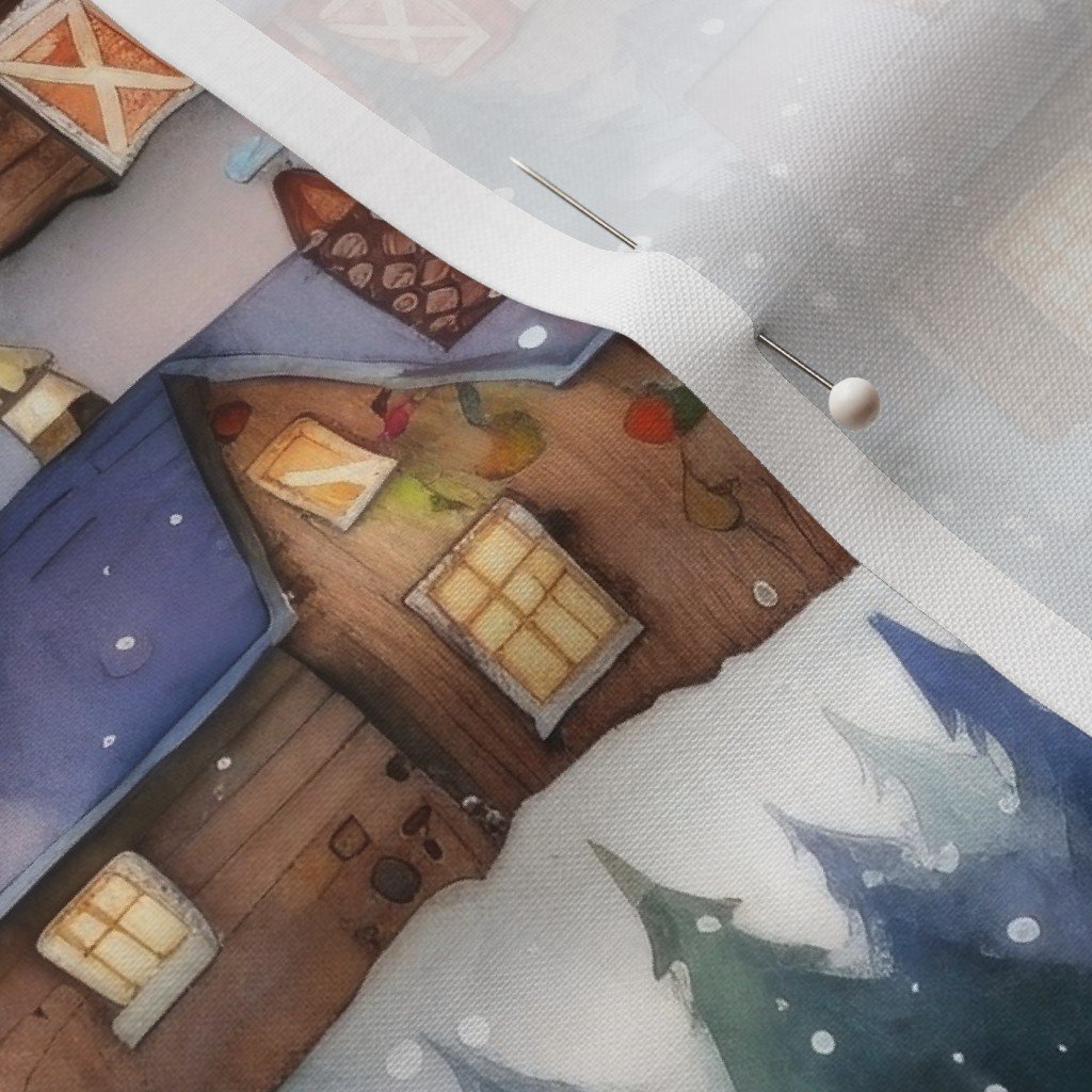 Small Christmas Rustic Country Winter Cabins Watercolor Home Decor Collection Decor Collection snowy christmas fabric