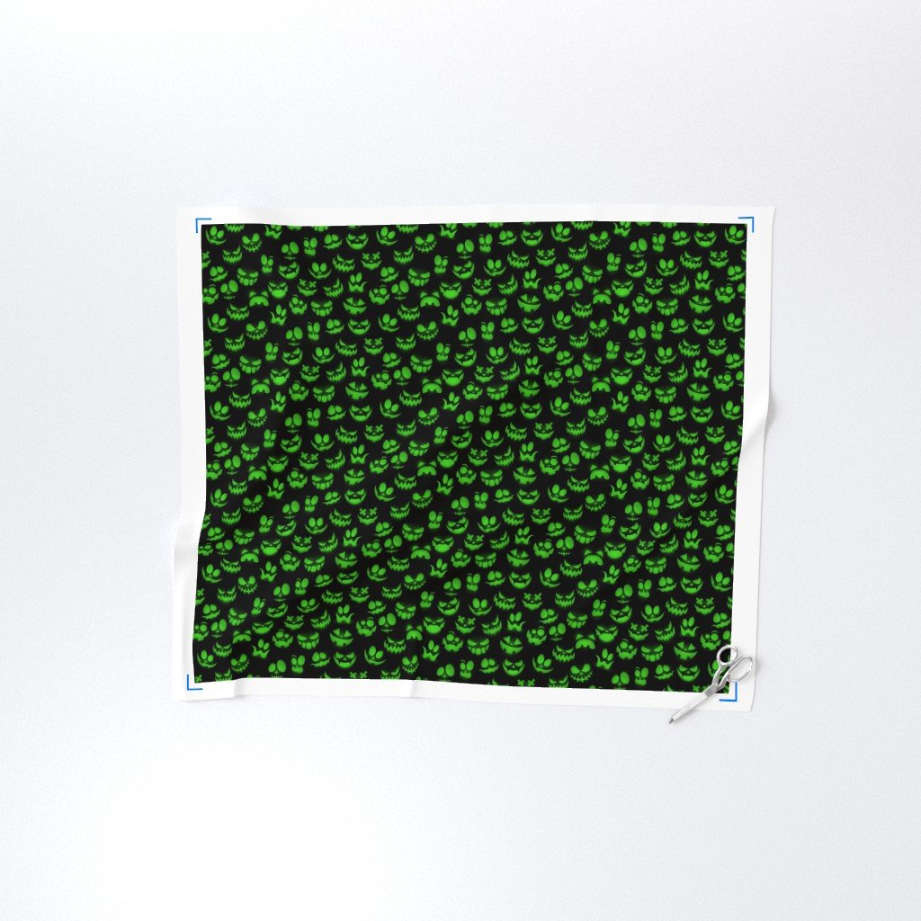 Mini Grinning Halloween Jack o Lantern Faces in Neon Green on Black Design Collection Interior Collection neon green fabric
