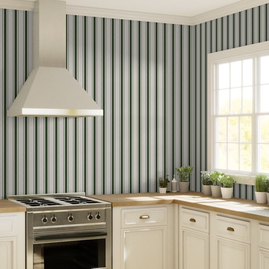Forest Green Antique Vintage Mattress Ticking Stripe on Cream Wallpaper mattress ticking str wallpaper