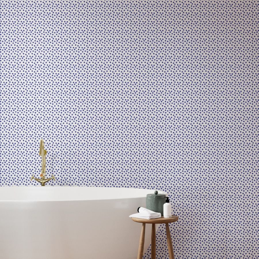 Small Faded Royal Blue Christmas Stars on White Wallpaper star print wallpaper