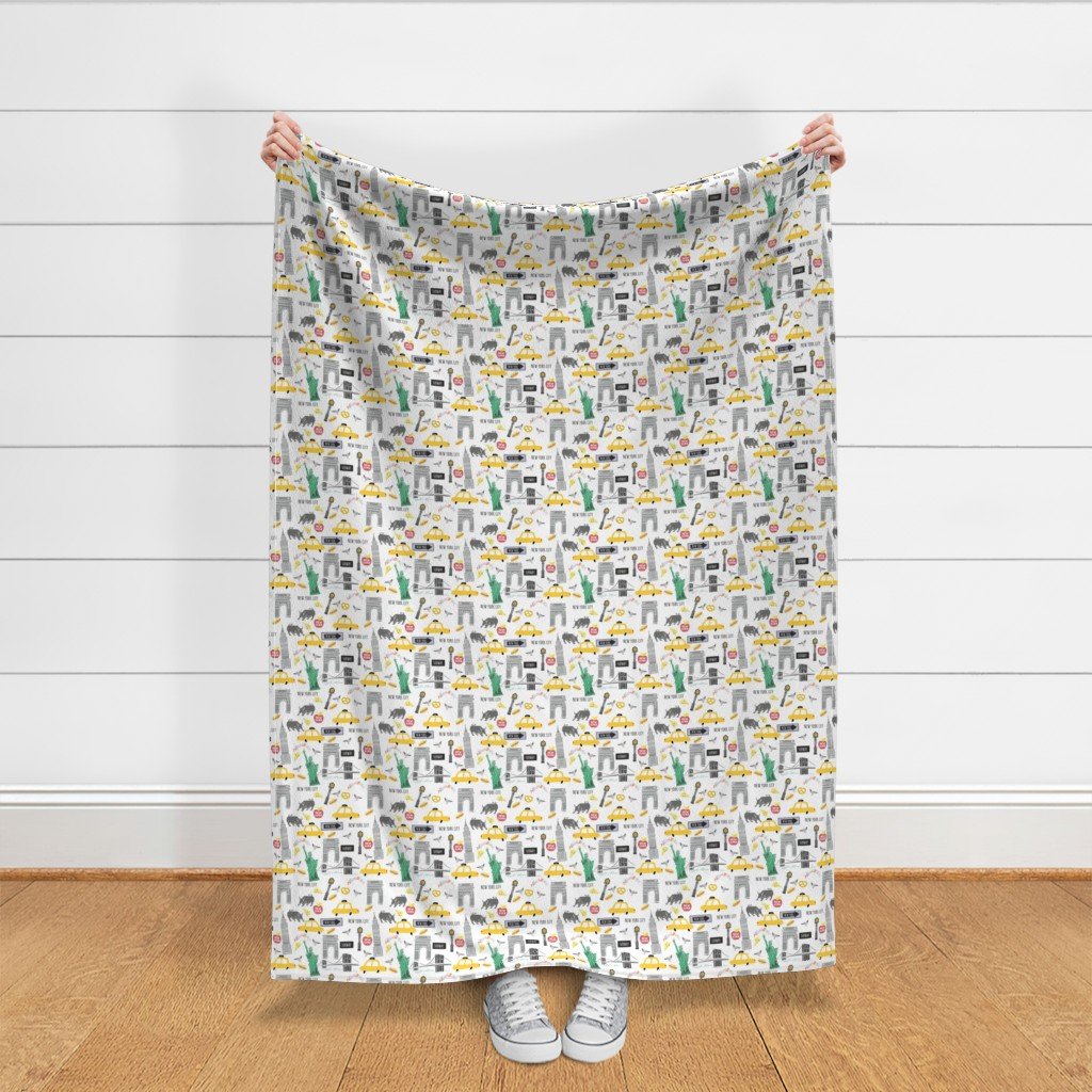 New York City Handdrawn Motifs Empire State Statue of Liberty Yellow Fabric bull of wall street fabric