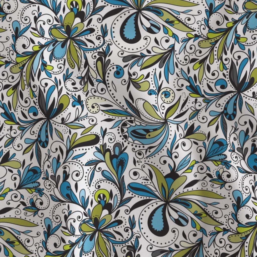 Floral Doodles Seamless Repeat Pattern in Blue and Green Fabric floral repeat fabric