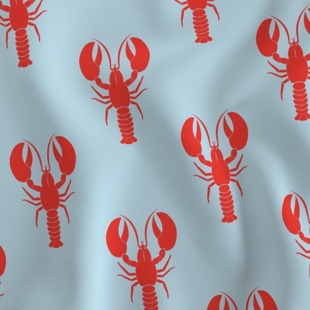 Handdrawn Motif of a Red Lobster on Pale Blue Fabric pale blue fabric