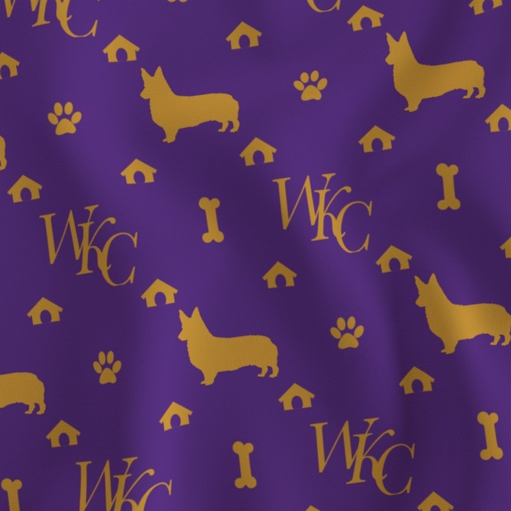 WKC Pembroke Corgis on Purple and Gold Fabric kennel show fabric