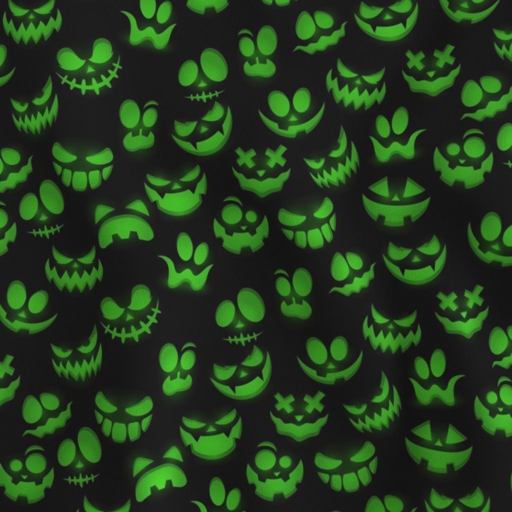 Mini Grinning Halloween Jack o Lantern Faces in Neon Green on Black Fabric jack o lantern faces fabric