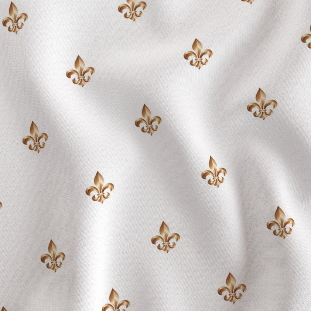 Faux-Effect Metallic Gold Fleur de Lis Royal Symbols on Wedding White Fabric metallic fleur de li fabric