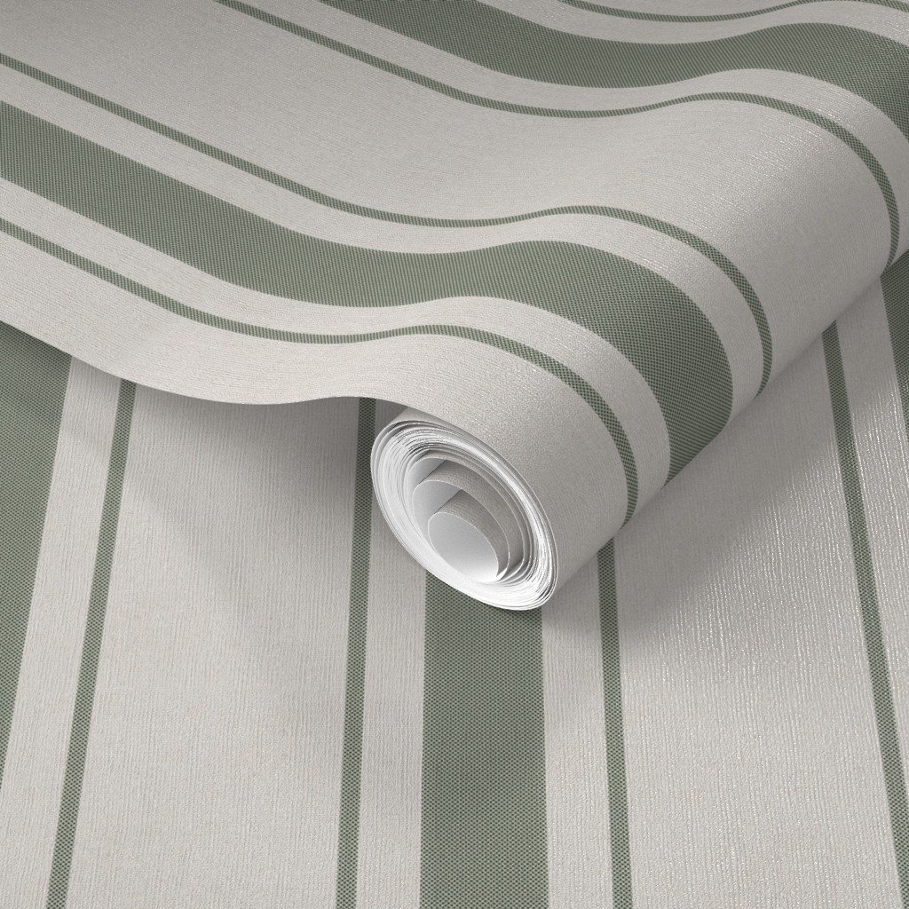 Fern Green Antique Vintage Mattress Ticking Stripe on Cream Wallpaper faux linen wallpaper