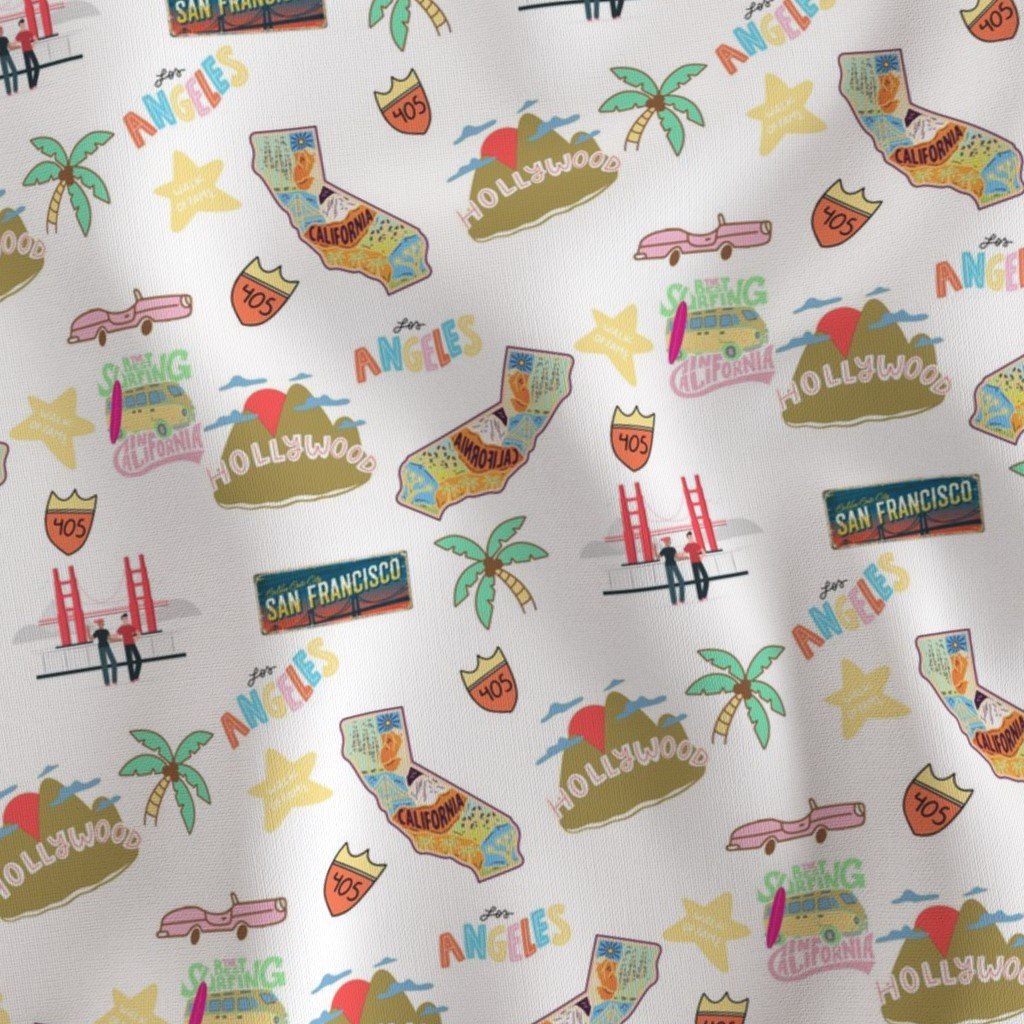 California Hand drawn Motifs Golden Gate Bridge Hollywood Sign Palm Fabric los angeles fabric