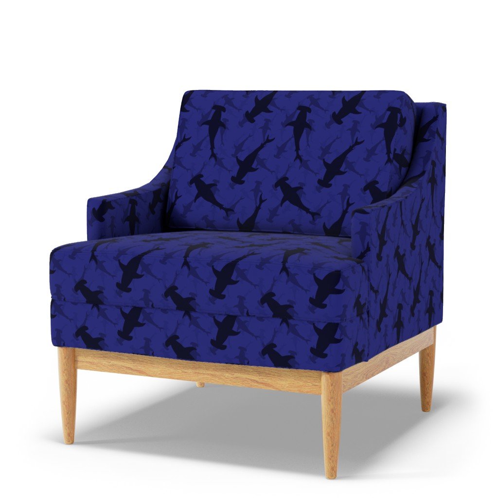 Hammerhead Sharks in Blue Silhouette Circling in Dark Blue Water Fabric bull fabric