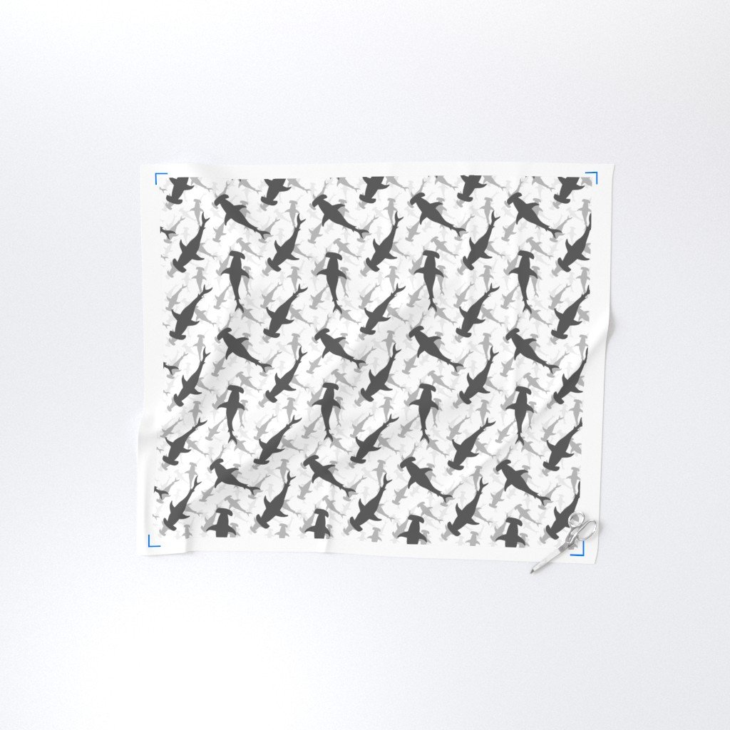 Hammerhead Sharks in Grey Silhouette Circling on White Fabric blue fabric
