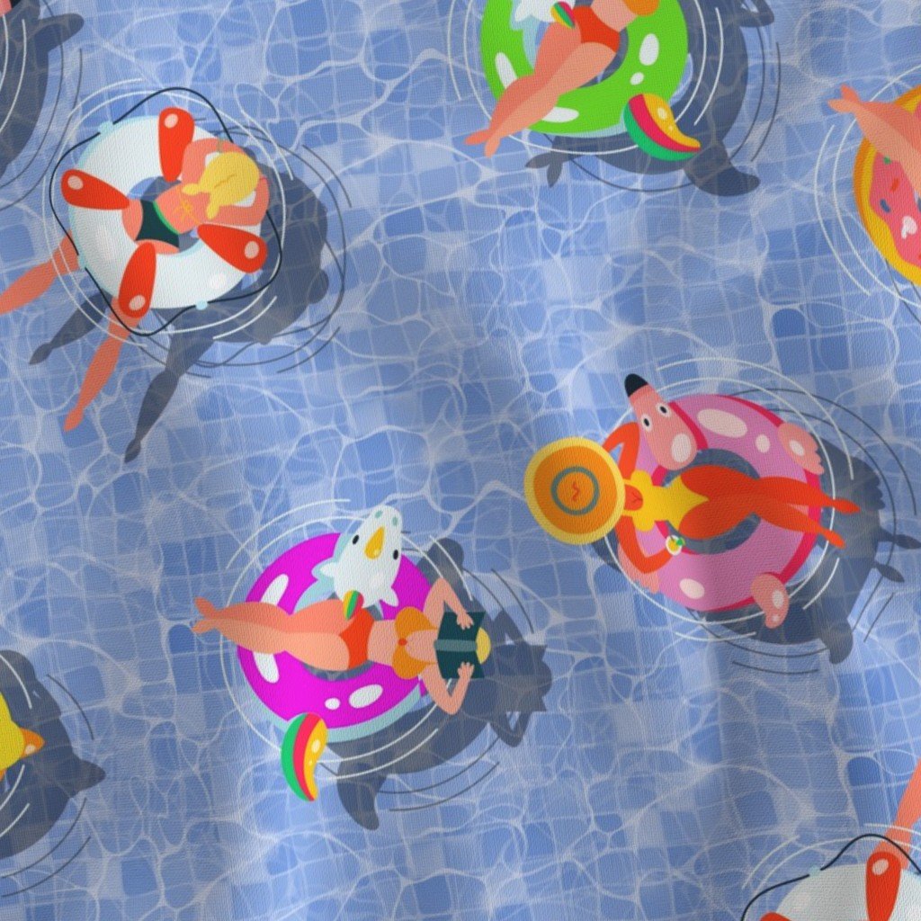Blue Summer Pool Party with Ring Floats and Swimmers Fabric blue water fabric
