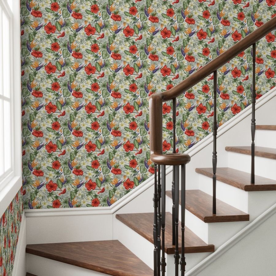 White and Red Hawaiian Hibiscus Birds of Paradise and Plumeria Wallpaper hibiscus flower wallpaper