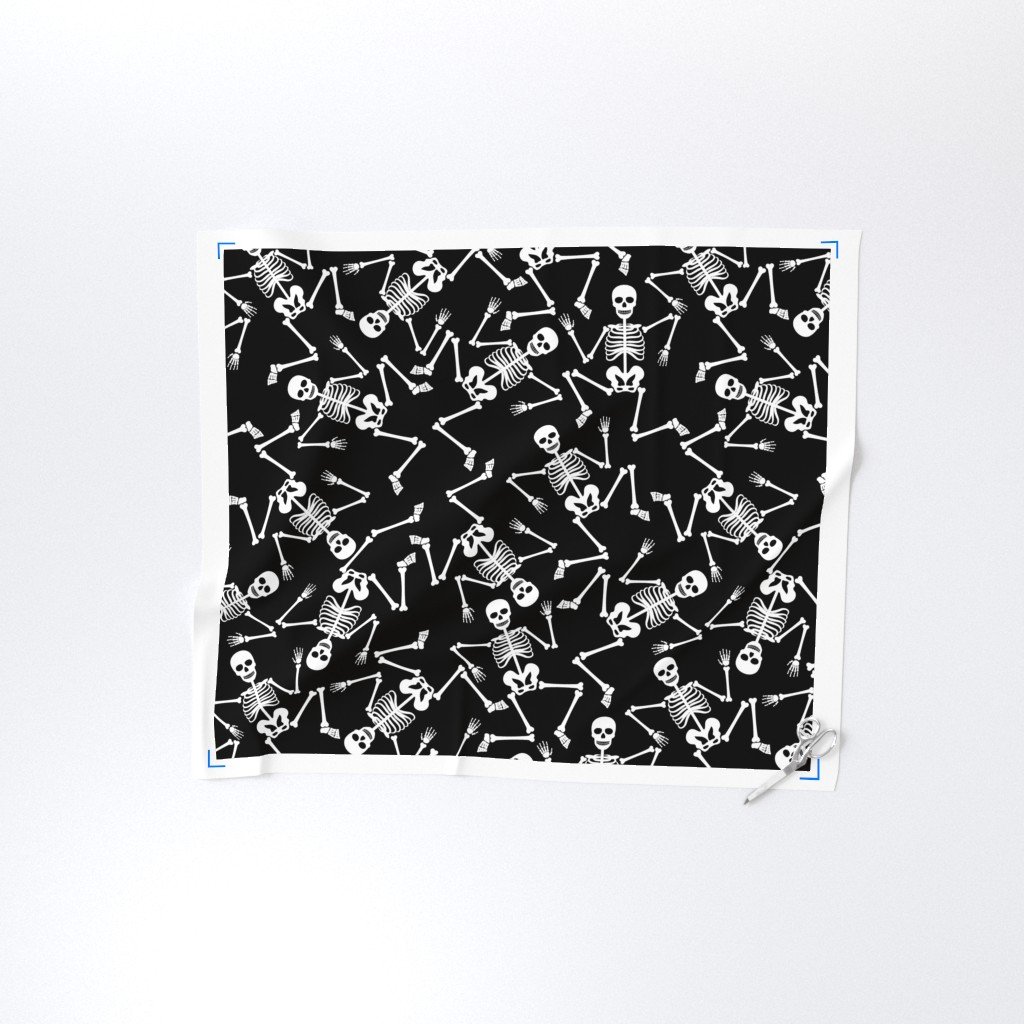 Large White Dancing Halloween Skeletons Scattered On Black Fabric dancing skeletons fabric