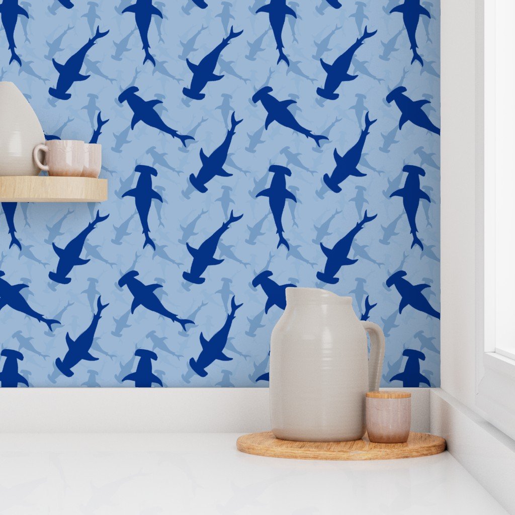 Dark Hammerhead Sharks Silhouette Circling in Sky Blue Water Wallpape sky water wallpaper