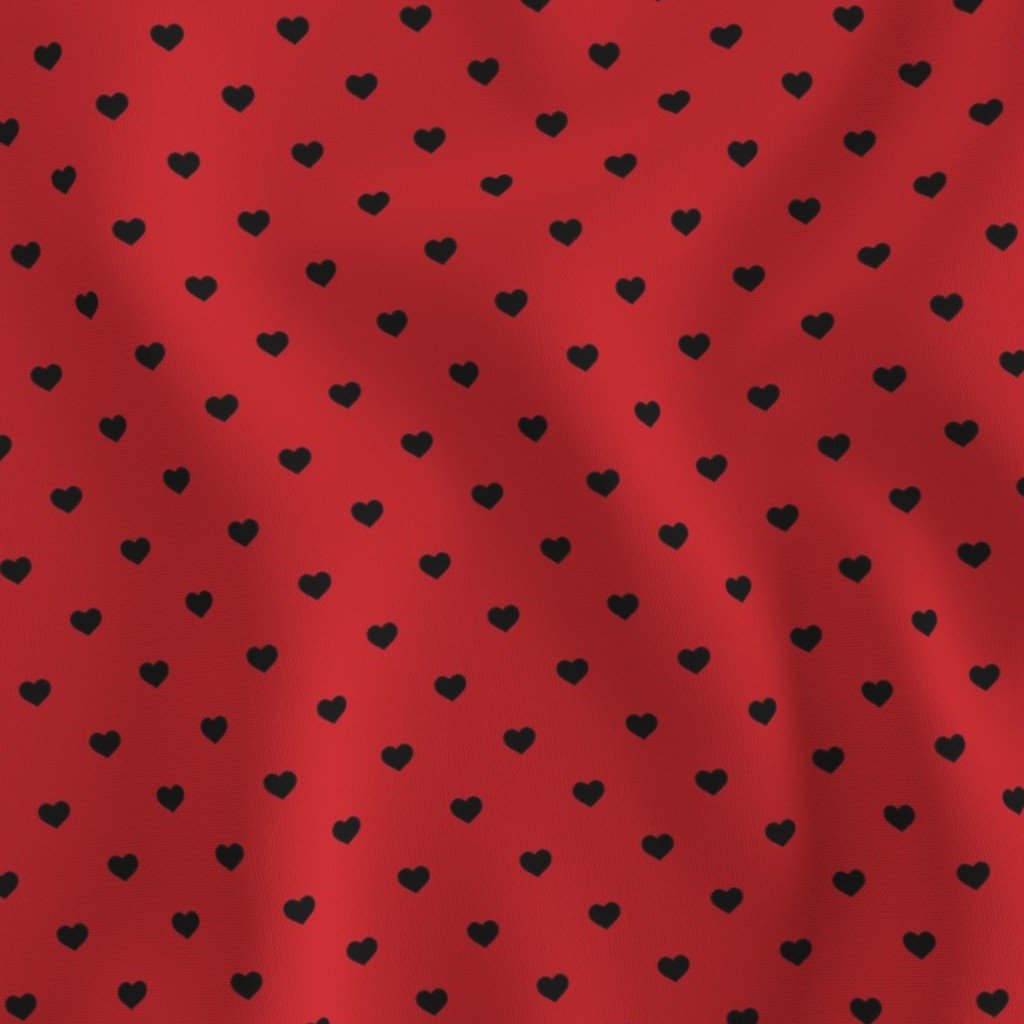 Mini Black Valentines Polkadot Love Hearts on Poppy Red Background Fabric love heart fabric