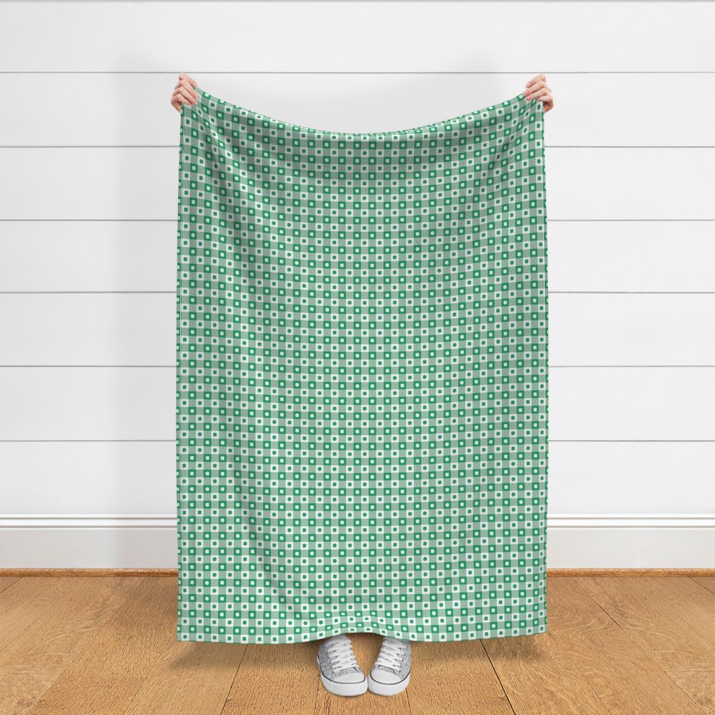 Kelly and White Gingham Check with Center Shamrock Medallions in Fabric shamrock motif fabric