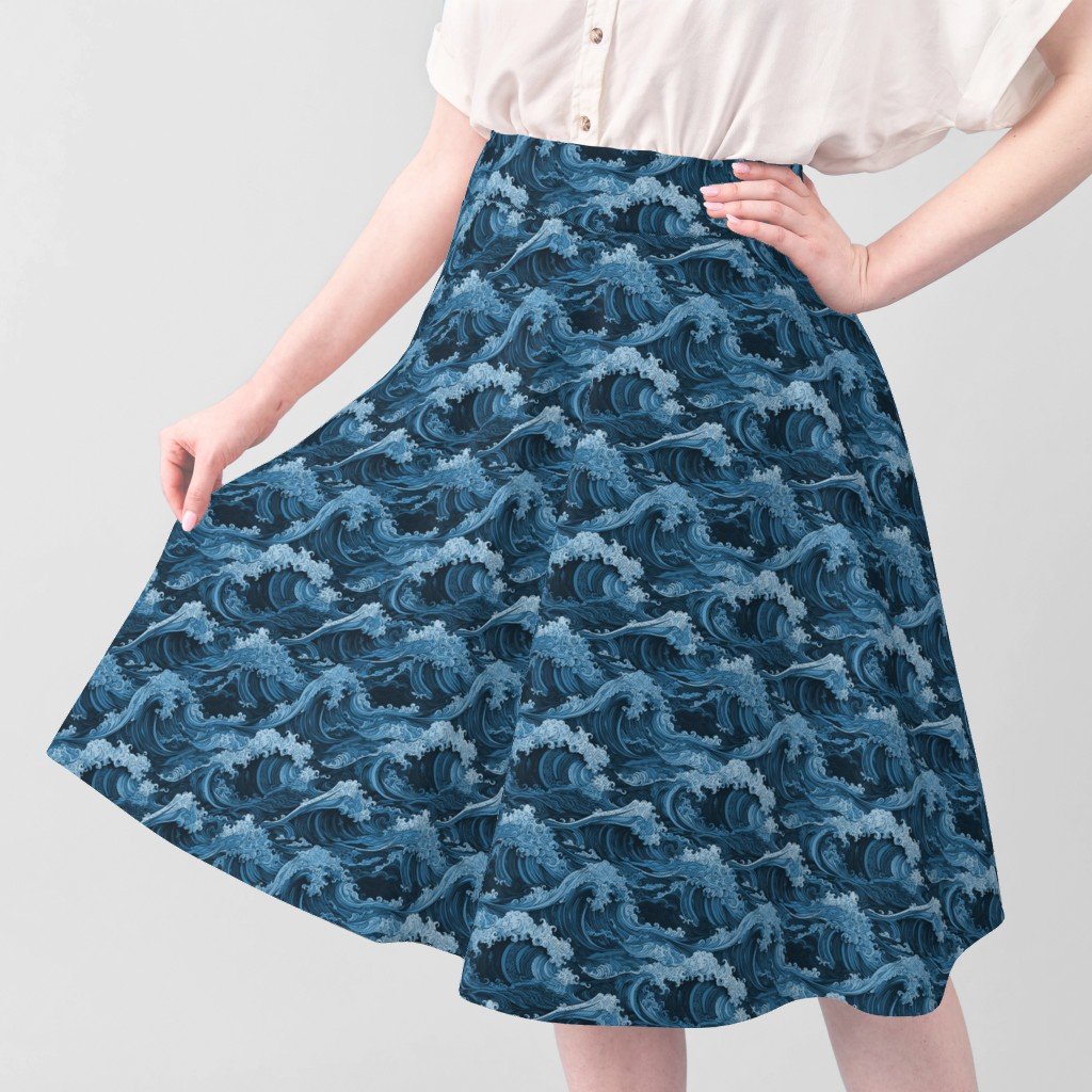 Japanese Woodcut Big Tsunami Waves in Shades of Mid-Blue Fabric japanese waves fabric
