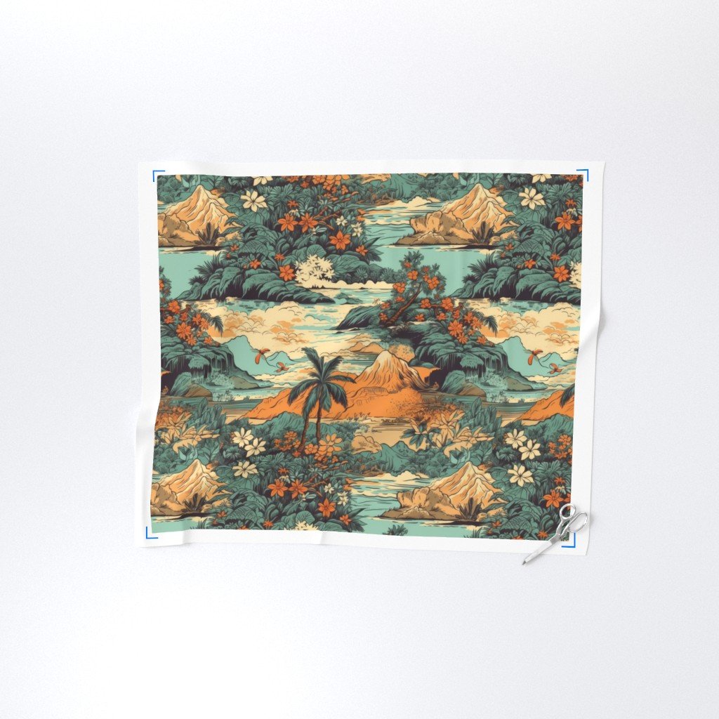 Vintage Hawaiian Landscape Teal Fabric tropical landscape fabric