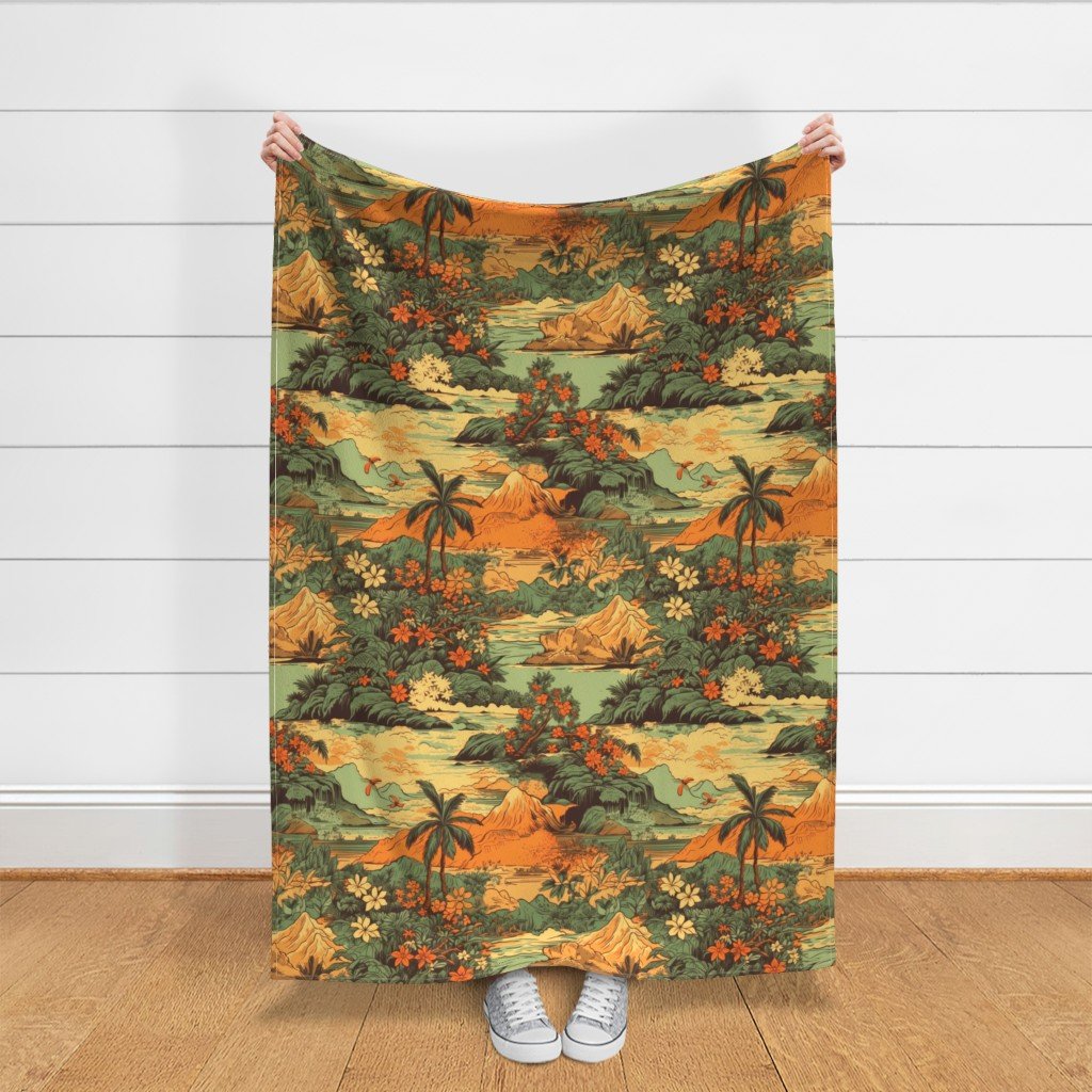 Vintage Hawaiian Landscape Green Fabric old hawaii fabric
