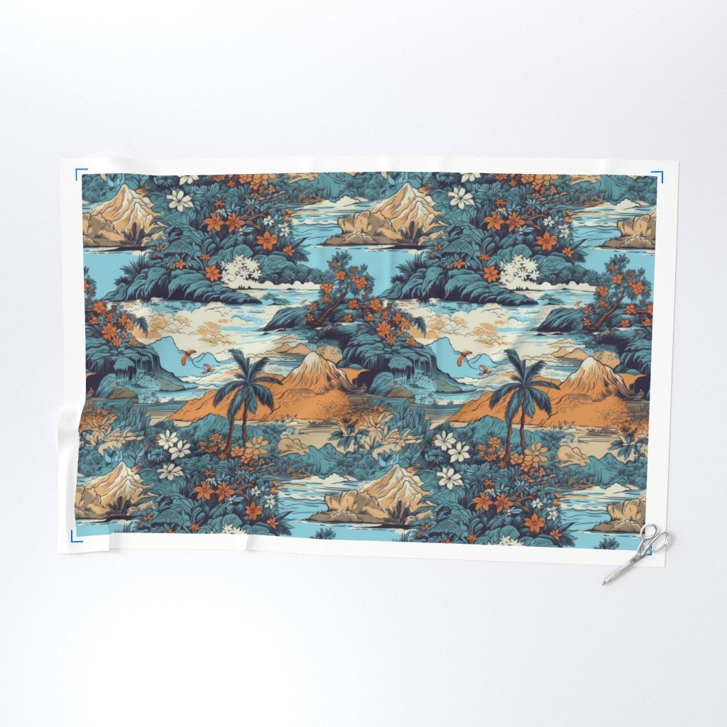 Vintage Hawaiian Landscape Blue Fabric old hawaii fabric
