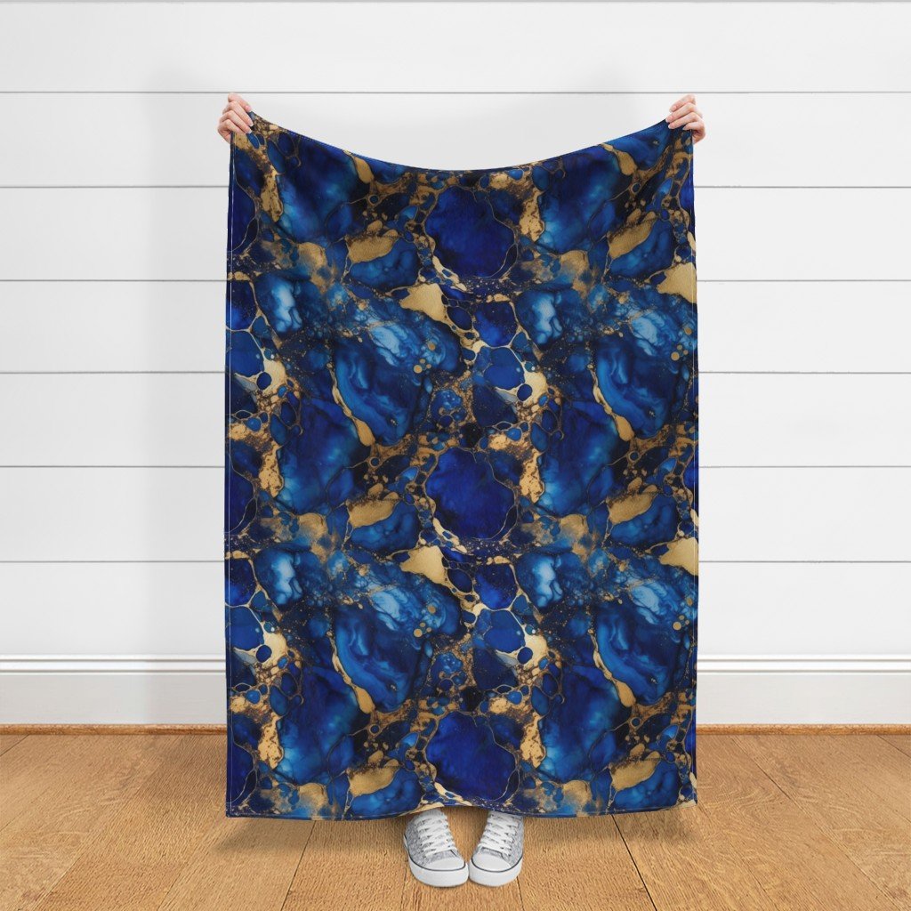 Cobalt Blue and Gold Alcohol Ink 1 Fabric inky pattern fabric