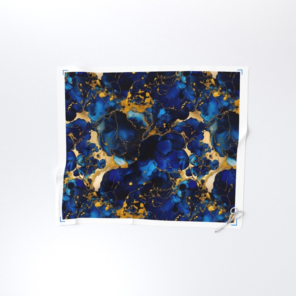 Cobalt Blue and Gold Alcohol Ink 2 Fabric inky pattern fabric
