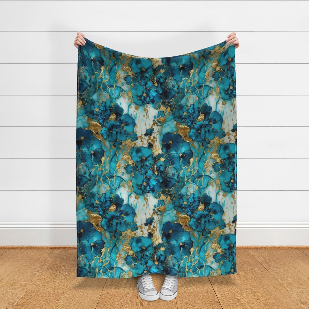 Turquoise and Gold Alcohol Ink 4 Fabric inky swirls fabric