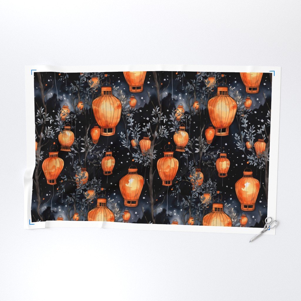 Orange Glowing Chinese Paper Lanterns Watercolor Fabric orange chinese lante fabric
