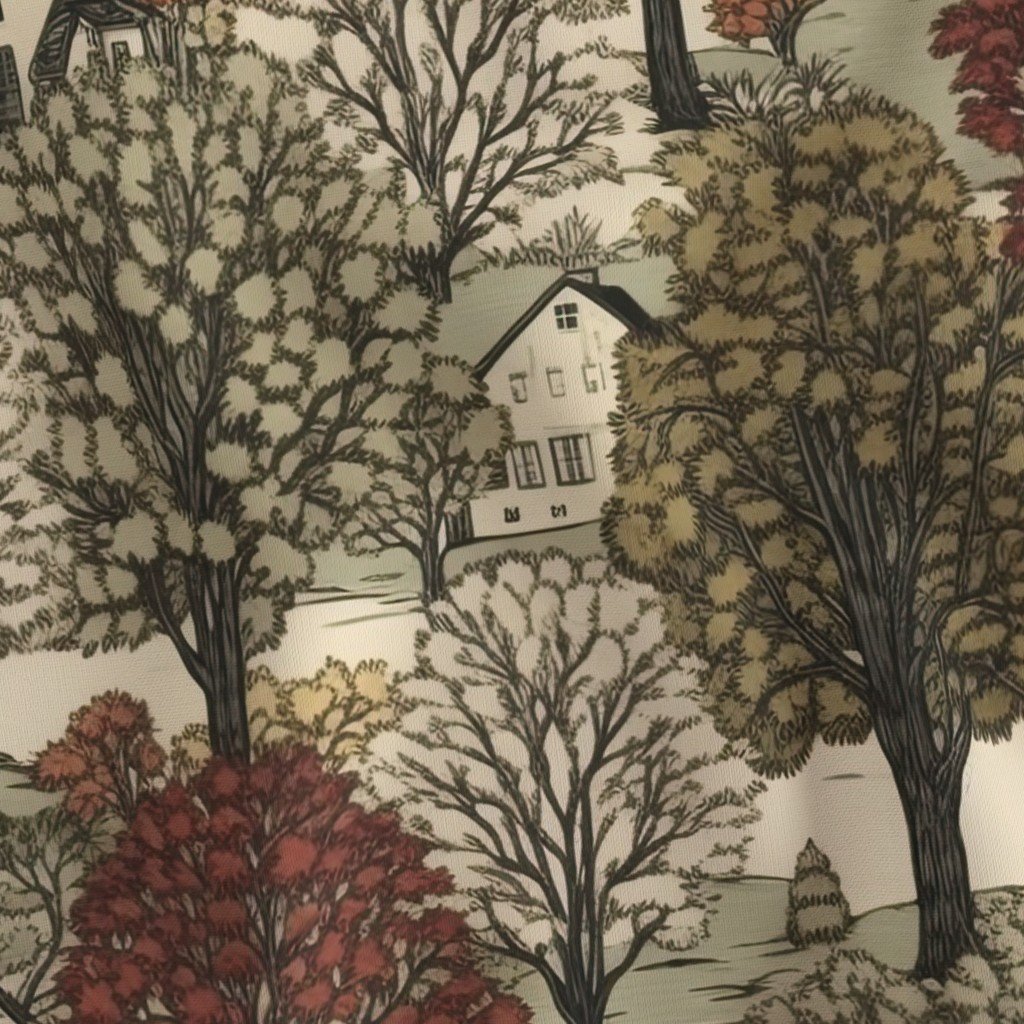 New England Village Houses with Trees in Muted Colors Fabric new england trees fabric