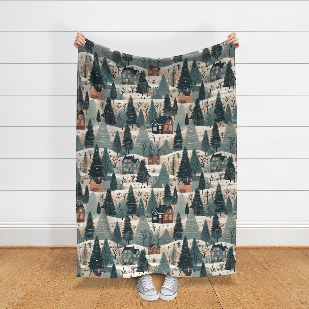 Montana Winter Cabins Montana with Evergreens Fabric winter cabins fabric