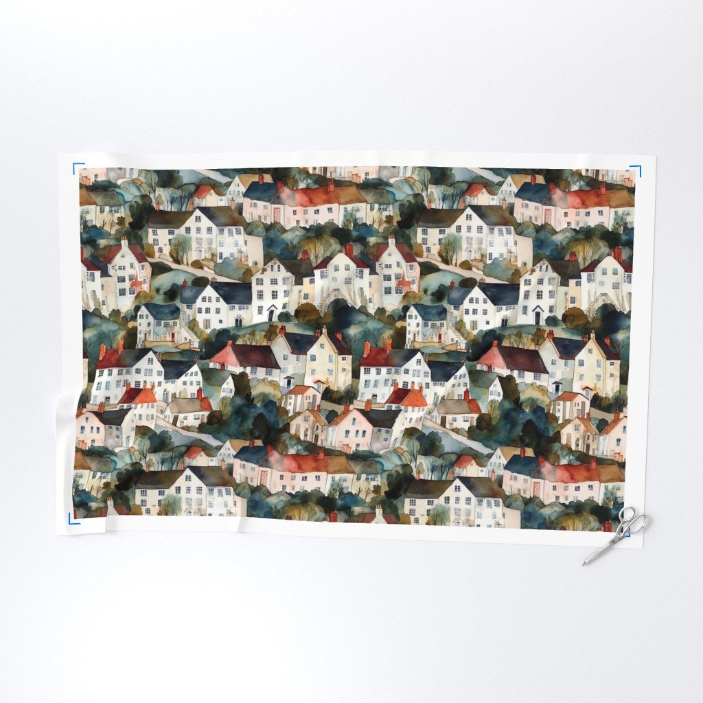 English Village Houses in Watercolor Fabric english village brit fabric
