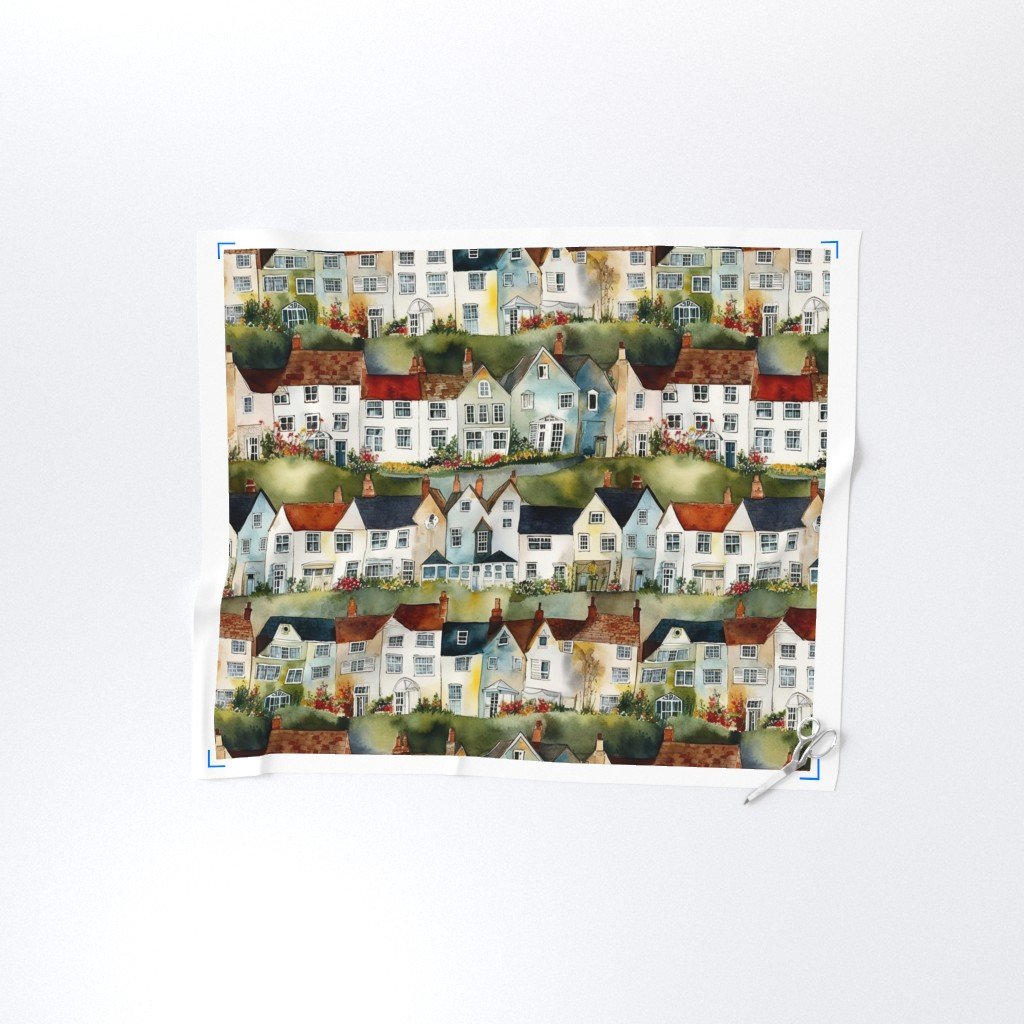 English Village Houses in Watercolor Fabric english fabric